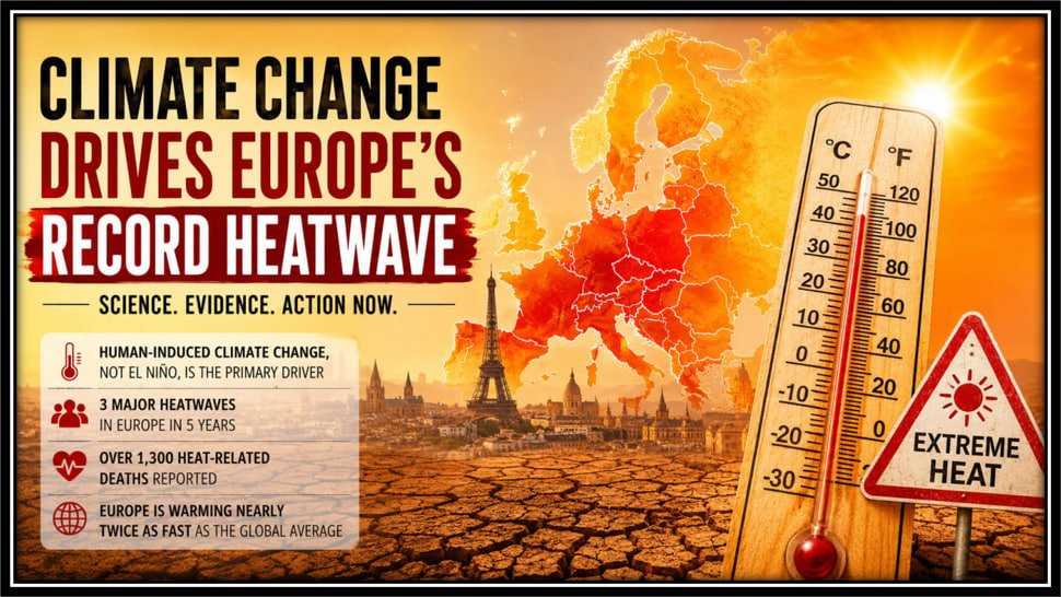 A map of Europe experiencing an intense heatwave with rising temperatures, drought conditions, and climate change impacts highlighted across multiple countries.