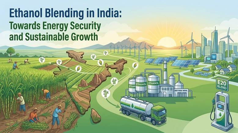 An illustration showing ethanol blending in India with sugarcane fields, biofuel production, fuel pumps displaying E20, and vehicles symbolizing energy security, reduced carbon emissions, and sustainable transportation.