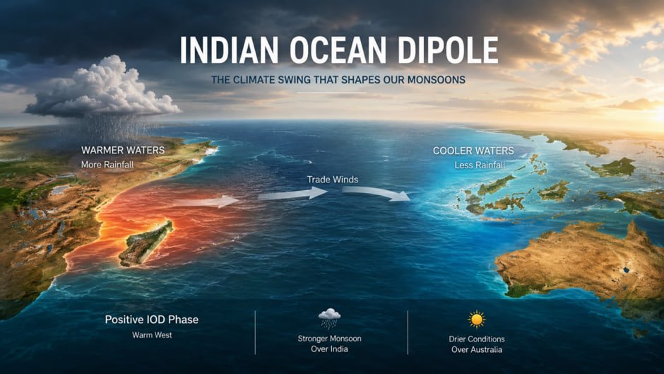 Indian Ocean Dipole (IOD) explained with positive and negative phases affecting the Indian monsoon.