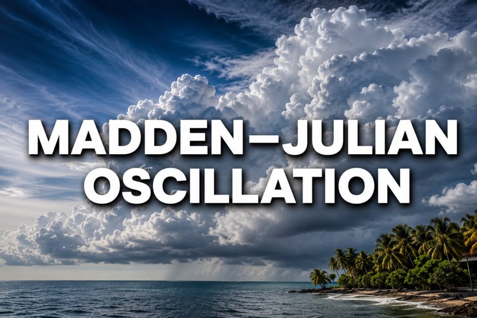 Illustration showing the Madden–Julian Oscillation (MJO) moving eastward across the Indian Ocean and Pacific Ocean, influencing cloud formation, rainfall, Indian monsoon, tropical cyclones, and global weather patterns.