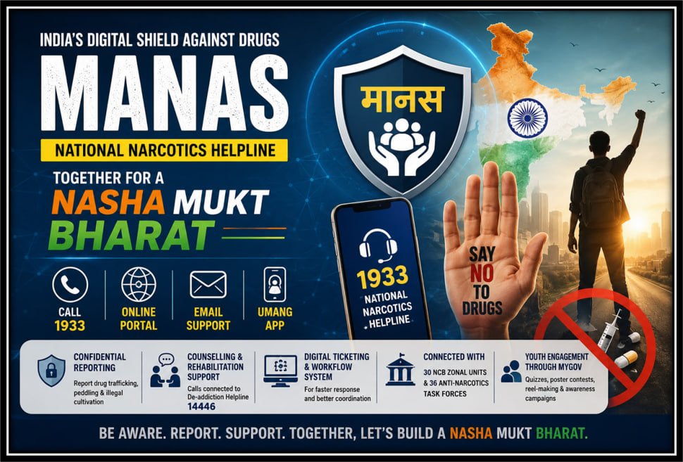 Infographic explaining the MANAS Portal, India's citizen-centric digital platform for reporting drug-related activities and supporting the Nasha Mukt Bharat campaign.