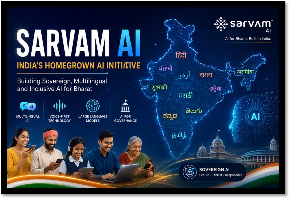 Illustration of Sarvam AI, India's homegrown sovereign AI initiative for building secure and indigenous artificial intelligence models.